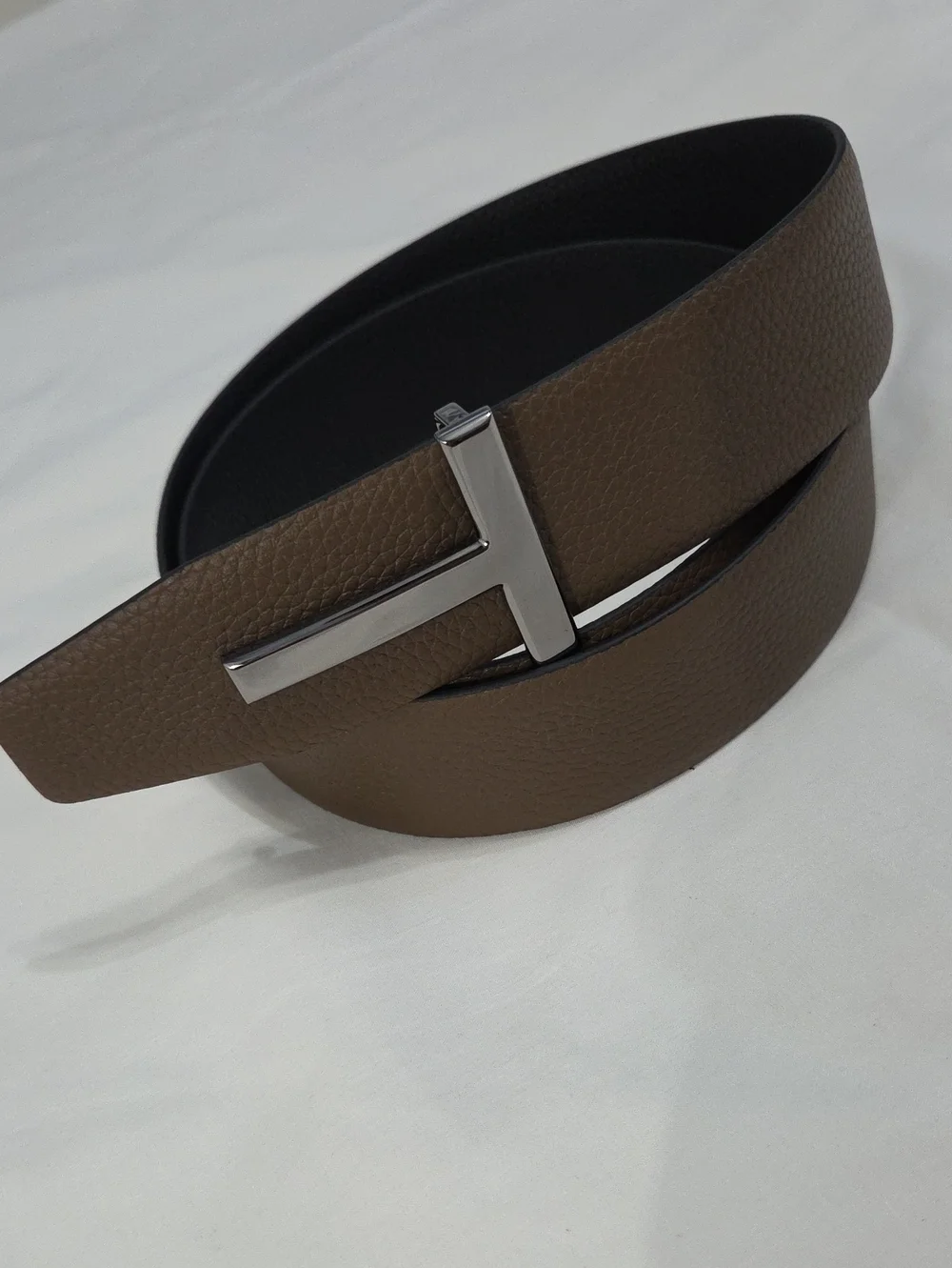 Tom Ford Black & Brown Leather Belt with Black Chrome T Accent